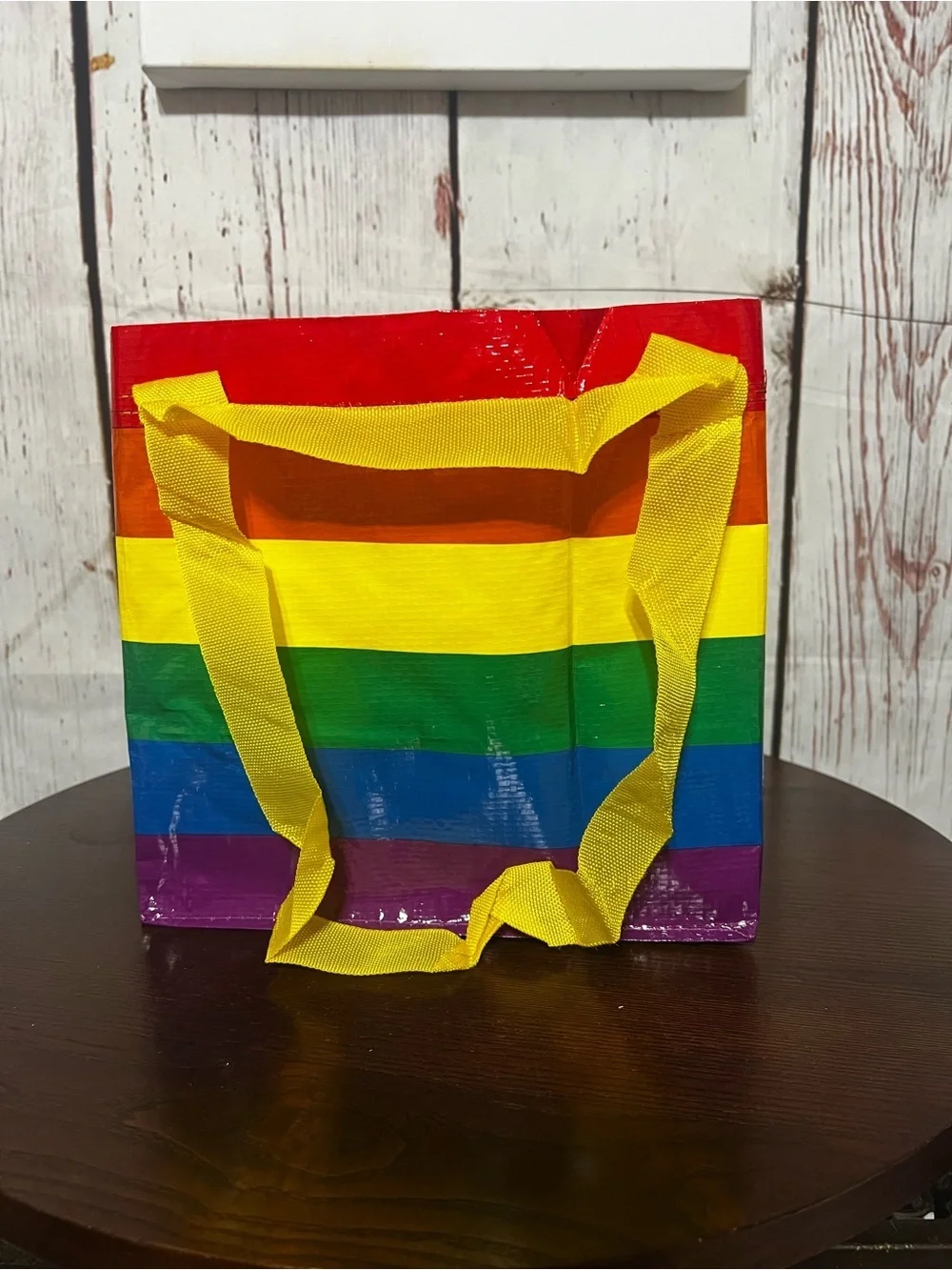 IKEA Rainbow Stripe Tote Bag with Yellow Handles
